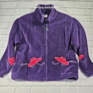 Vintage Black Mountain Outdoor Heavy Fleece Jacket Sz Large Purple Chic Red Hat